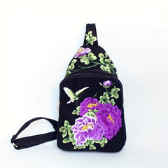 Ethnic Style Canvas Chest Bag Flower Embroidery Sling Bag