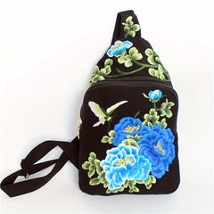 Ethnic Style Canvas Chest Bag Flower Embroidery Sling Bag