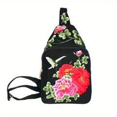 Ethnic Style Canvas Chest Bag Flower Embroidery Sling Bag