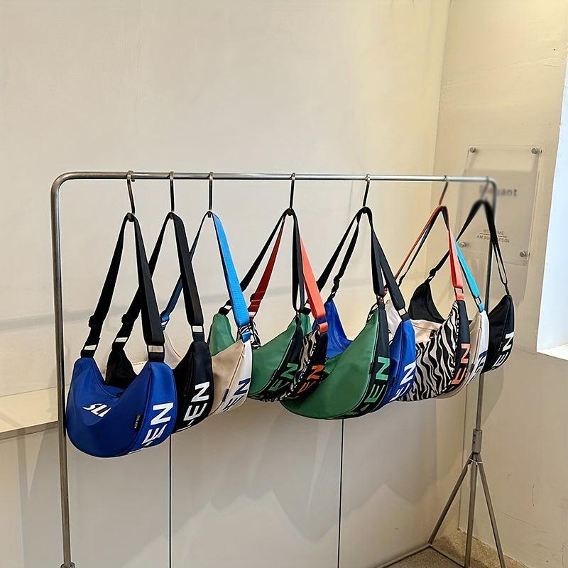 Colorblock Letter Print Crescent Crossbody Bag For Women
