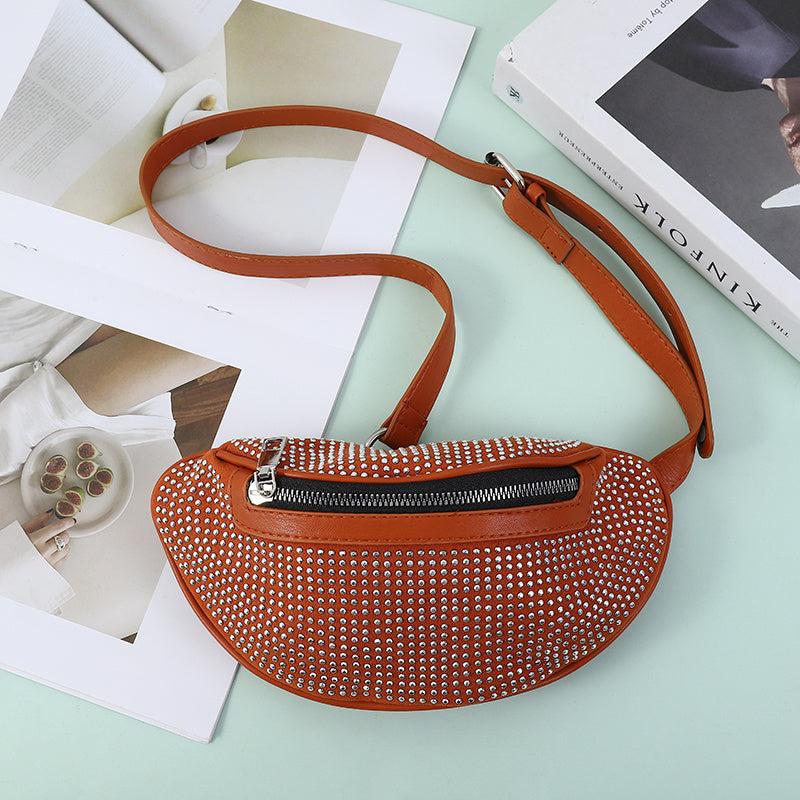 Rhinestone Zipper Fanny Pack Shoulder Zipper Bag Chain Satchel Purses