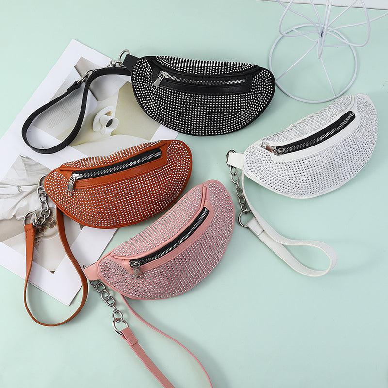 Rhinestone Zipper Fanny Pack Shoulder Zipper Bag Chain Satchel Purses