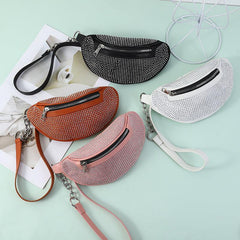 Rhinestone Zipper Fanny Pack Shoulder Zipper Bag Chain Satchel Purses