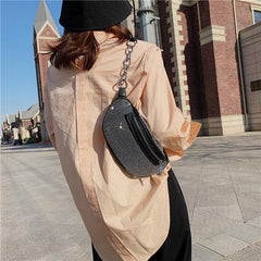 Rhinestone Zipper Fanny Pack Shoulder Zipper Bag Chain Satchel Purses