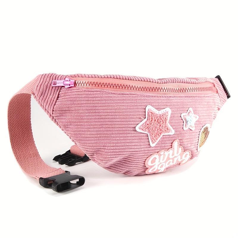 Pink Patchwork Chest Bag Corduroy Zipper Waist Bag Y2K Fanny Pack