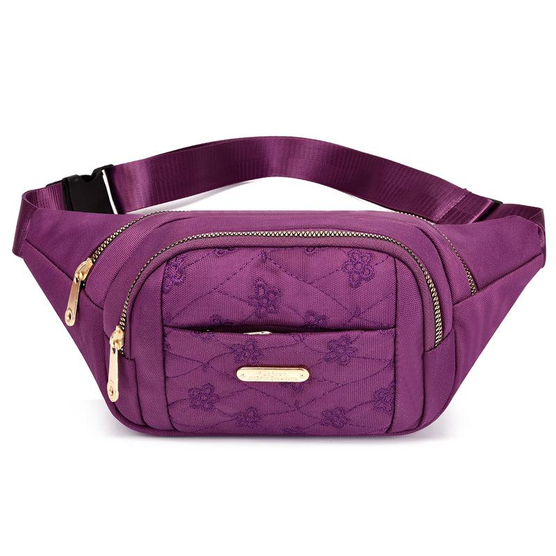 Embroidered Nylon Front Zip Fanny Pack for Women