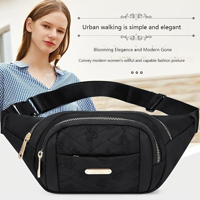 Embroidered Nylon Front Zip Fanny Pack for Women