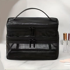 Portable Mesh Double Layer Cosmetics Bag Large Capacity Toiletry Bag