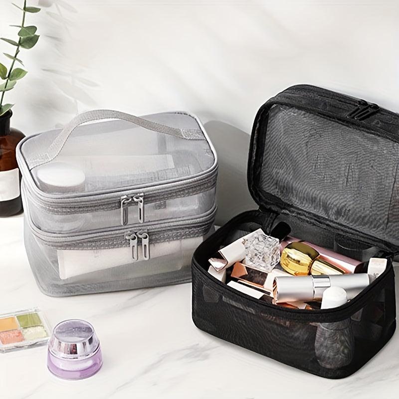 Portable Mesh Double Layer Cosmetics Bag Large Capacity Toiletry Bag