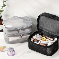 Portable Mesh Double Layer Cosmetics Bag Large Capacity Toiletry Bag