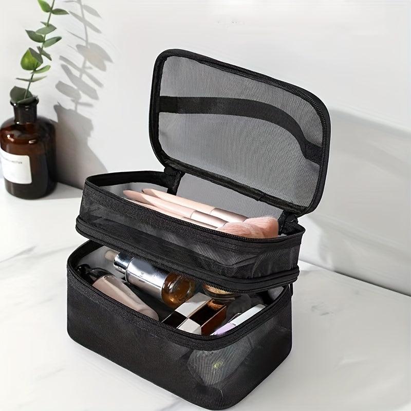 Portable Mesh Double Layer Cosmetics Bag Large Capacity Toiletry Bag