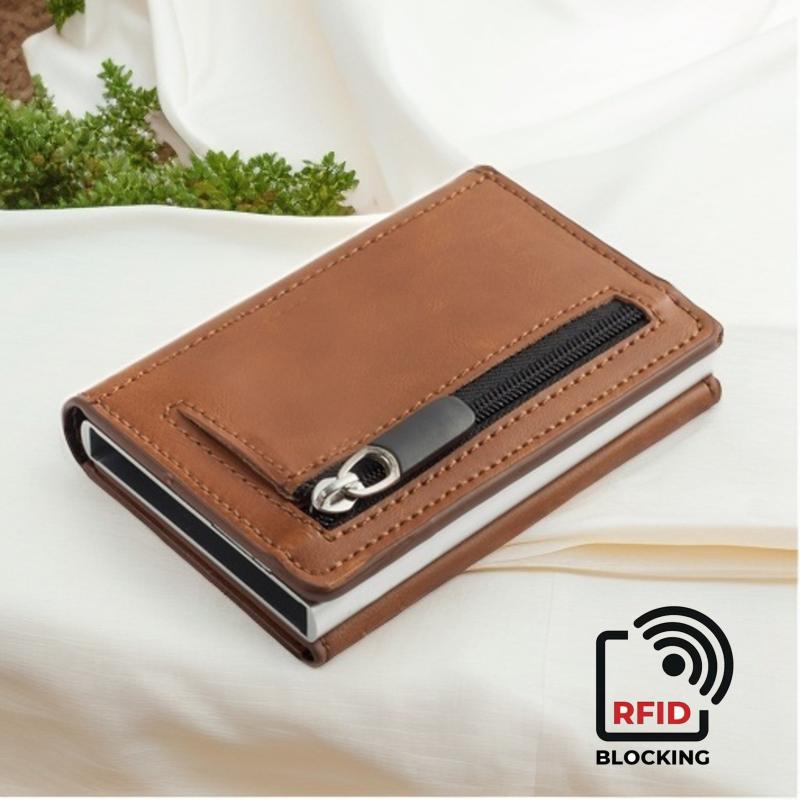 RFID Blocking Card Holder Auto Pop-up Money Clip Zipper Coin Purse