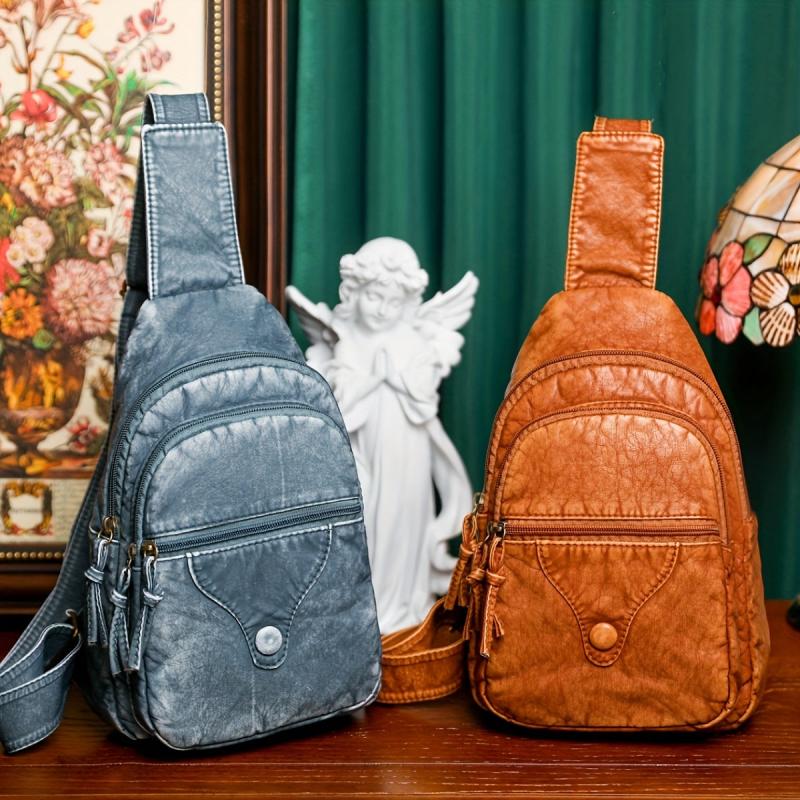 Vintage PU Leather Zipper Sling Bag