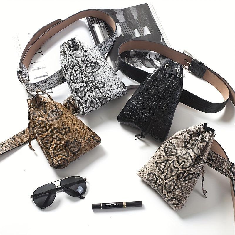 Snake Skin Pattern Waist Bag Drawstring Purse Classic Bucket Belt Bag
