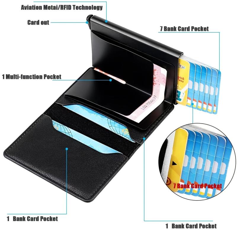 RFID Blocking Leather Credit Card Holder Auto Pop-Up Wallet