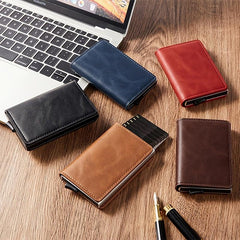 RFID Blocking Leather Credit Card Holder Auto Pop-Up Wallet
