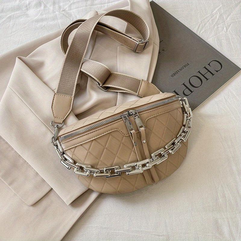 Argyle Embossed Waist Bag Chain Decor Chest Purse Women's Crossbody Bag