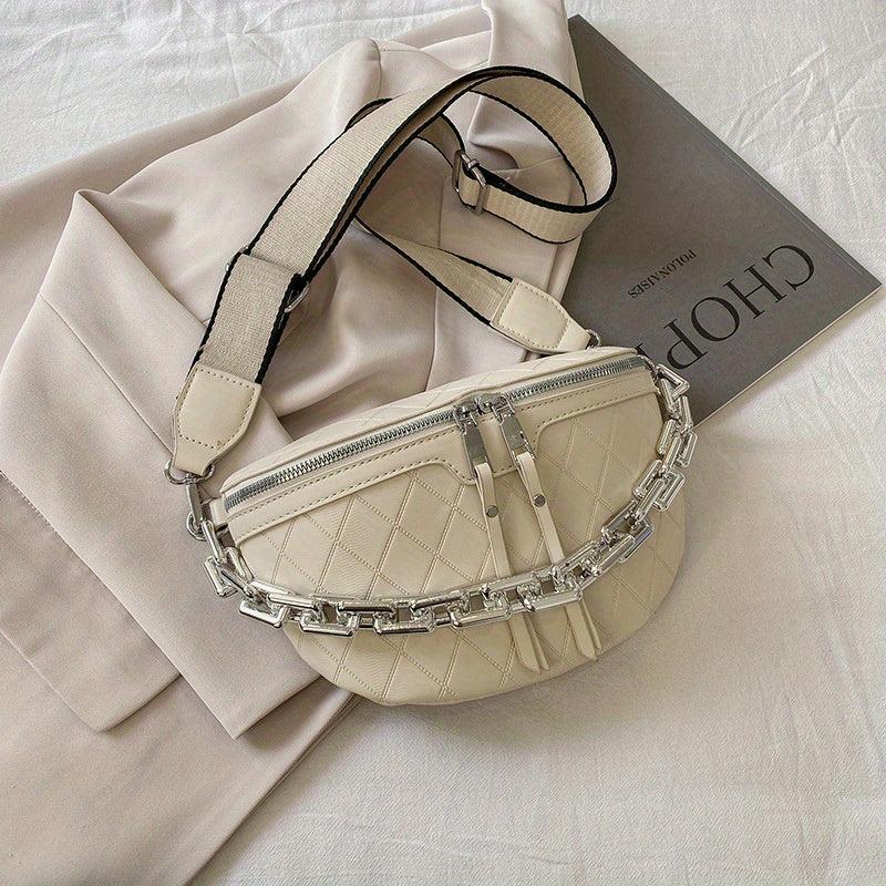 Argyle Embossed Waist Bag Chain Decor Chest Purse Women's Crossbody Bag