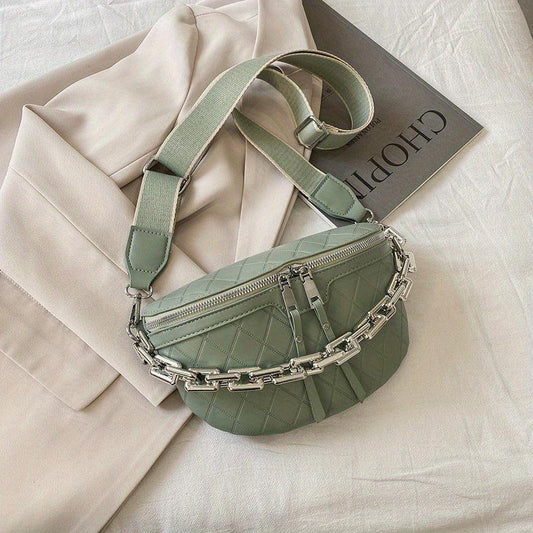 Argyle Embossed Waist Bag Chain Decor Chest Purse Women's Crossbody Bag