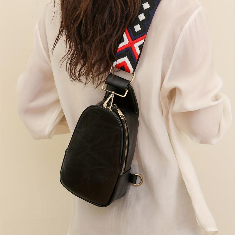 Retro Chest Bag Vegan Leather Crossbody Bag Wide Strap