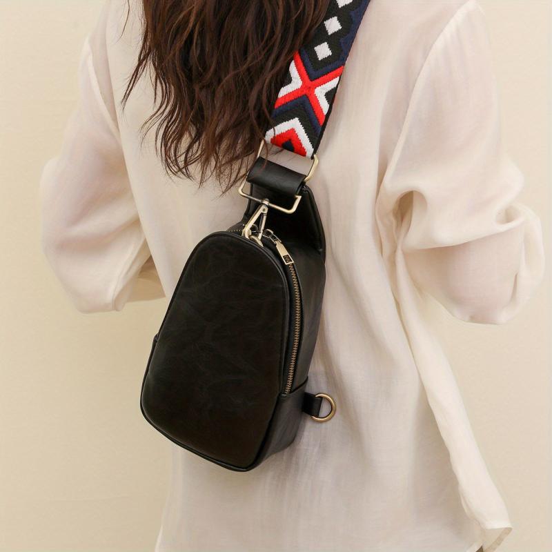 Retro Chest Bag Vegan Leather Crossbody Bag Wide Strap