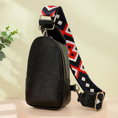 Retro Chest Bag Vegan Leather Crossbody Bag Wide Strap