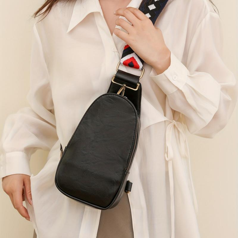 Retro Chest Bag Vegan Leather Crossbody Bag Wide Strap