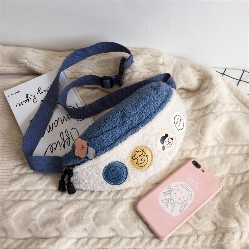 Women's Cartoon Patched Plush Messenger Waist Bag