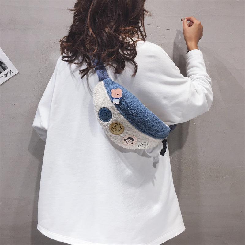 Women's Cartoon Patched Plush Messenger Waist Bag