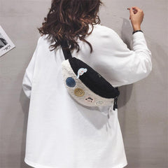 Women's Cartoon Patched Plush Messenger Waist Bag