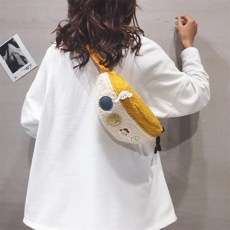 Women's Cartoon Patched Plush Messenger Waist Bag