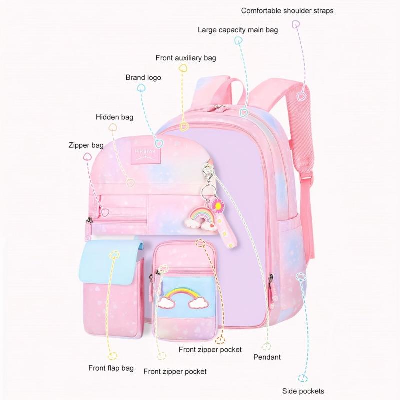 Gradient Lightweight Backpack for Girls Children Rainbow Spine Protection Bag