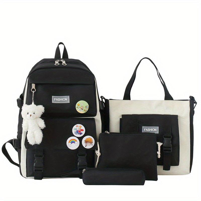 Student Casual Shoulder Backpack Messenger Bag Set with Doll - 4 Bags Gift