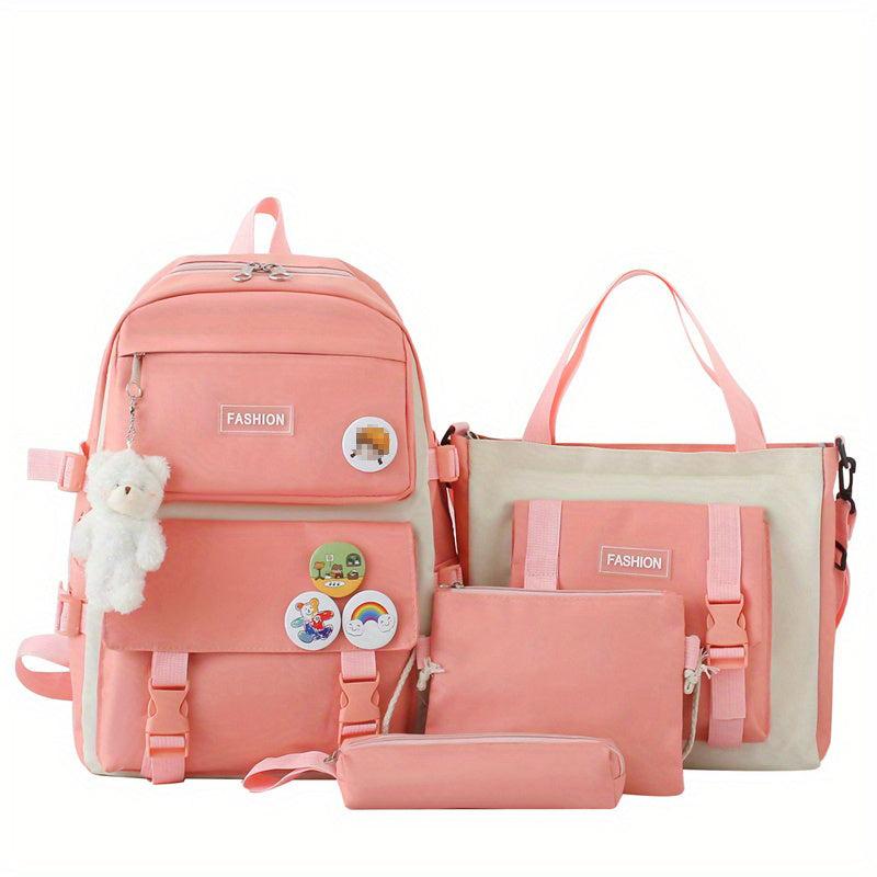 Student Casual Shoulder Backpack Messenger Bag Set with Doll - 4 Bags Gift
