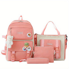 Student Casual Shoulder Backpack Messenger Bag Set with Doll - 4 Bags Gift