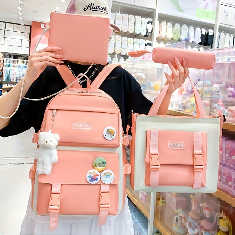 Student Casual Shoulder Backpack Messenger Bag Set with Doll - 4 Bags Gift