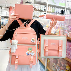 Student Casual Shoulder Backpack Messenger Bag Set with Doll - 4 Bags Gift
