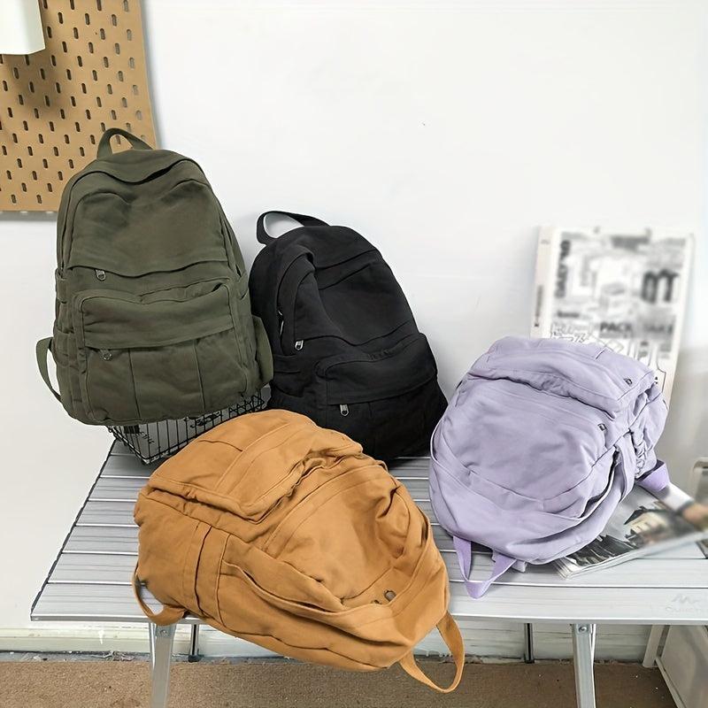 Classic Solid Canvas Backpack Casual Student Bag With Large Capacity