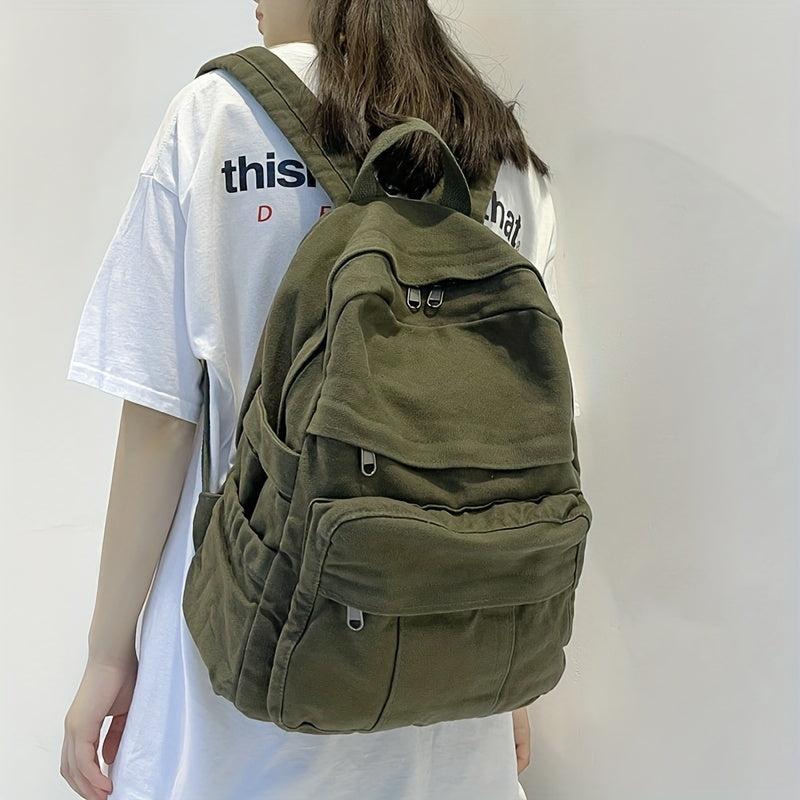 Classic Solid Canvas Backpack Casual Student Bag With Large Capacity
