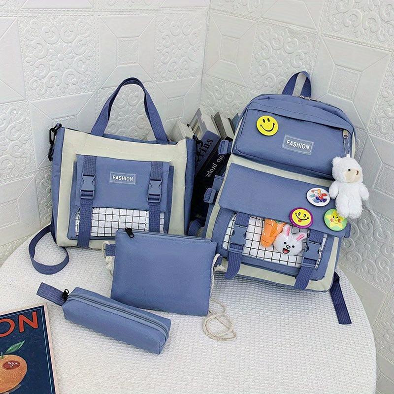 4pcs Casual School Bag Set with Badges Canvas Backpack Tote Bag