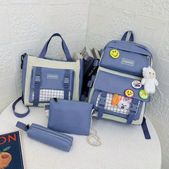 4pcs Casual School Bag Set with Badges Canvas Backpack Tote Bag