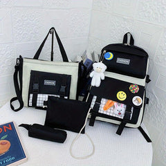 4pcs Casual School Bag Set with Badges Canvas Backpack Tote Bag