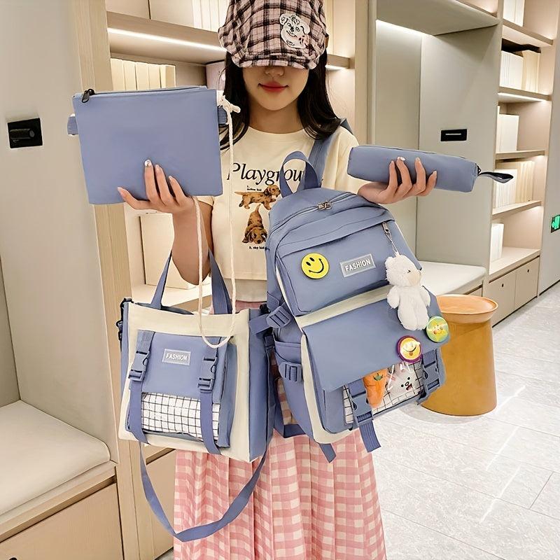 4pcs Casual School Bag Set with Badges Canvas Backpack Tote Bag