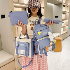 4pcs Casual School Bag Set with Badges Canvas Backpack Tote Bag
