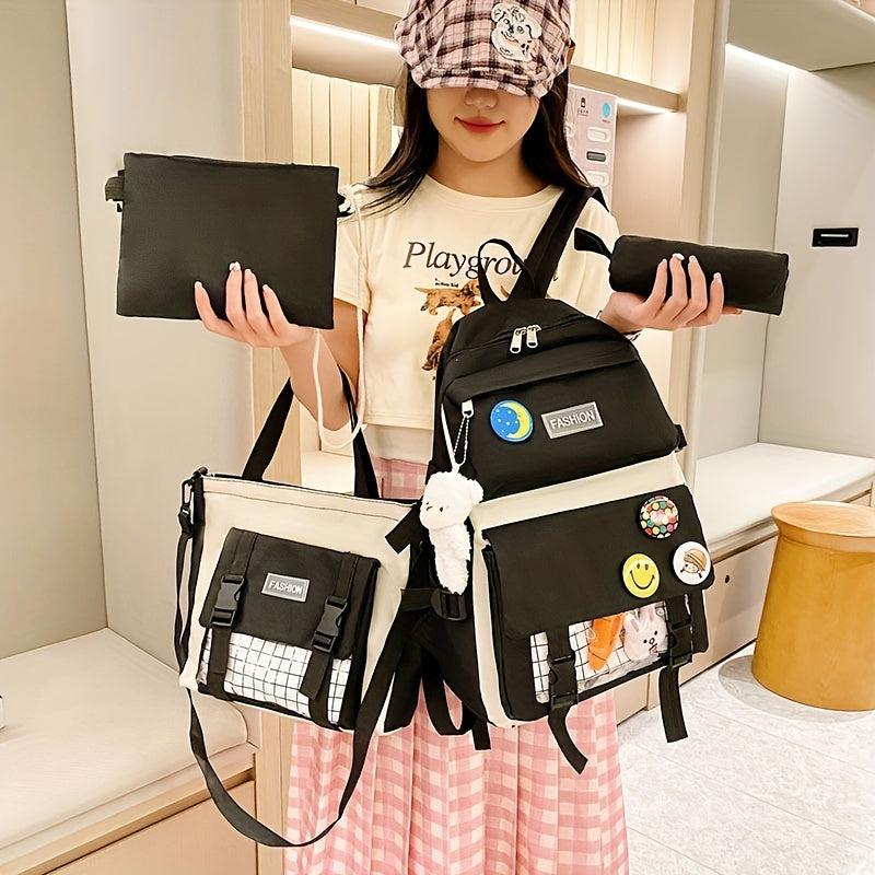 4pcs Casual School Bag Set with Badges Canvas Backpack Tote Bag