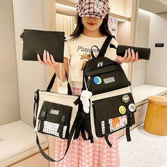 4pcs Casual School Bag Set with Badges Canvas Backpack Tote Bag