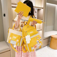 4pcs Casual School Bag Set with Badges Canvas Backpack Tote Bag