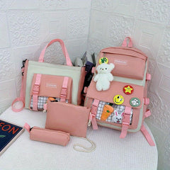 4pcs Casual School Bag Set with Badges Canvas Backpack Tote Bag