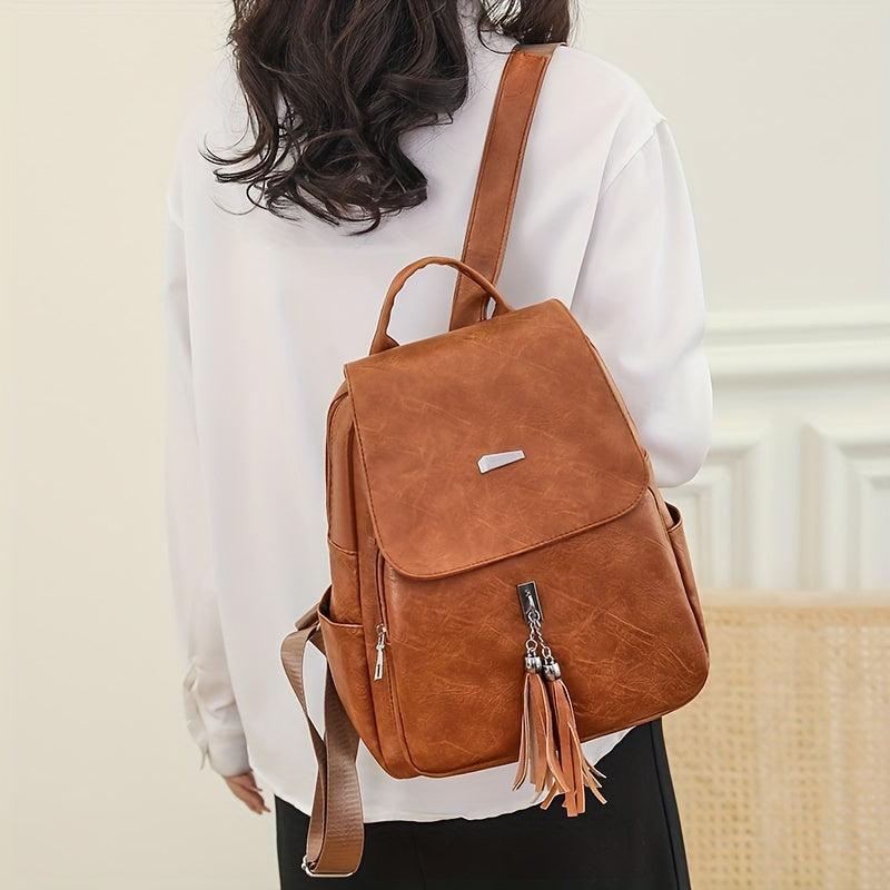 Retro Tassel Decor Backpack PU Leather Travel Backpack