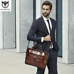BULLCAPTAIN Leather Briefcase For Men Large Capacity Business Handbag